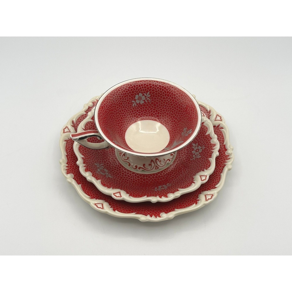 Vintage Seltmann Weiden Germany Tea Cup Saucer Plate Set Red Silver Plated Trim